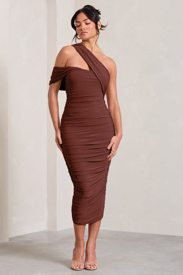 Cici Brown Asymmetric One Shoulder Ruched Midi Dress